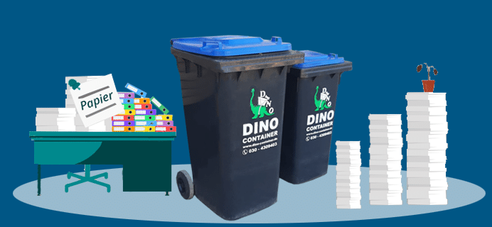 Grafik mit illustriertem Papierabfall wie Papierstapel im Büro, Papier und Ordern auf einem Schreibtisch und den DINO Papiertonnen in der Mitte.